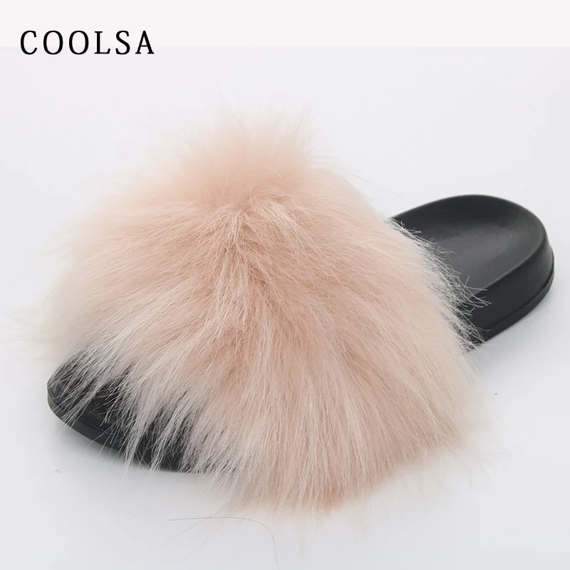 pink fur-black sole Новые женские меховые тапочки; тапочки из искусственного лисьего меха; пушистые женские шлепанцы с мехом енота; зимние теплые домашние тапочки; меховые шлепанцы; плюшевая обувь - Цвет: pink fur-black sole