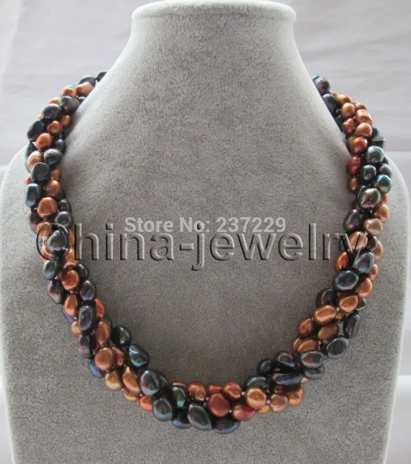 HOT# Wholesale price^Beautiful 18" 4row 11mm black& coffee baroque freshwater pearl necklace