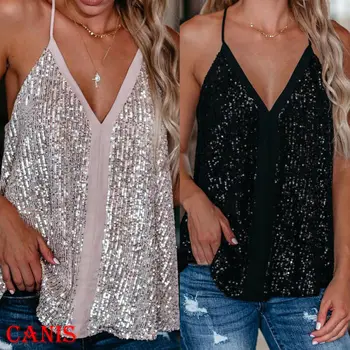 

2020 Summer Women Casual Camisole V Neck Sequins Strappy Tank Top Vest sleeveless Solid Blouse Tee Female Clothing