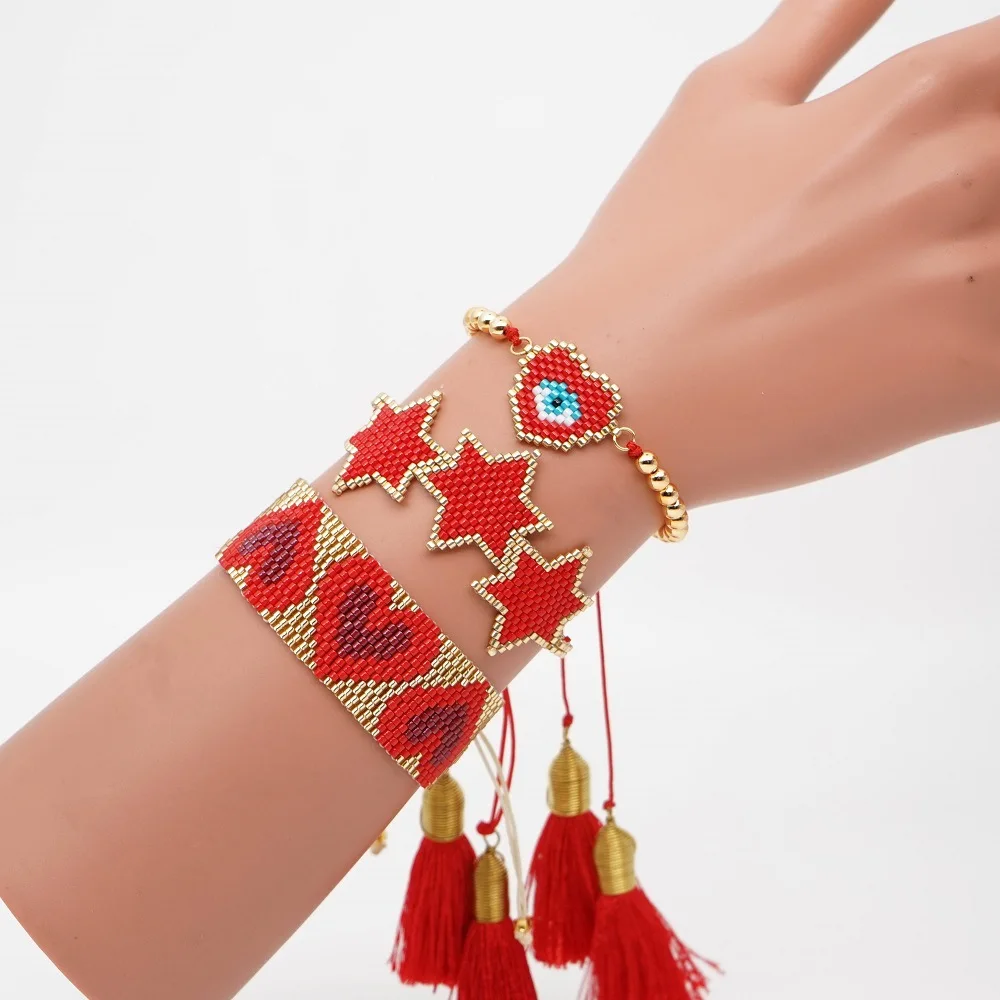 Boho MIYUKI браслет с сердцем 3 звезды Pulseras Mujer браслеты красные хрустальные ювелирные изделия для женщин кисточкой ручной работы Тканые повязки