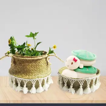 

Creativity Woven Seagrass Storage Basket Portable Handmade Plant Pot Belly Basket Foldable with Handles for Home Plant Bathroom