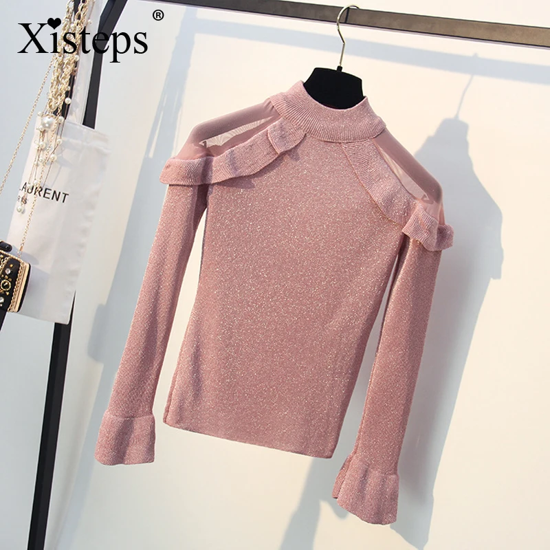 

Xisteps Half High Collar Knitted Long Sleeve Women Pullovers Bright Silk Strapless Shoulder Pactwork Shirts new 2020 autumn