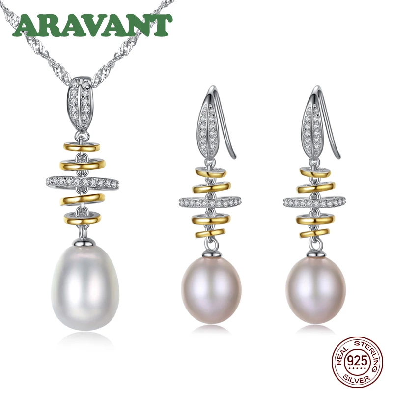 100% Real Natural Pearl Jewelry Sets Silver 925 Zircon Drop Earring Pendant Necklace Women Pearl Wedding Jewelry Set