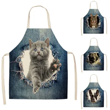 

1Pcs Cat Dog Pattern Kitchen Aprons Cotton Linen Unisex Dinner Party Cooking Bibs Funny Pinafore Cleaning Tools 53*65cm