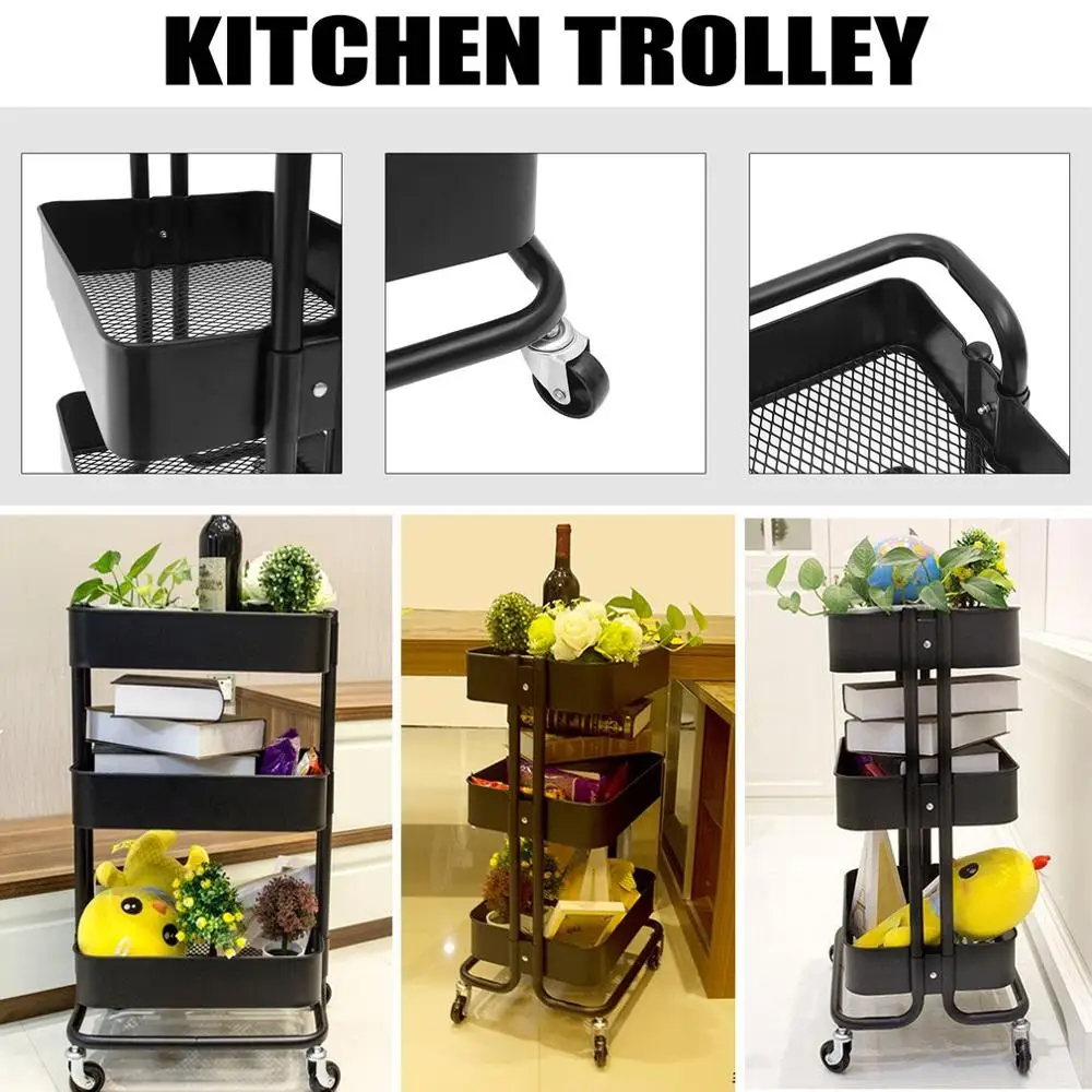 

Kitchen Trolley 3 Layers Office Cart Rolling Storage Rack Workshop Trolley With Four Wheels Portable Tool Storage Cart
