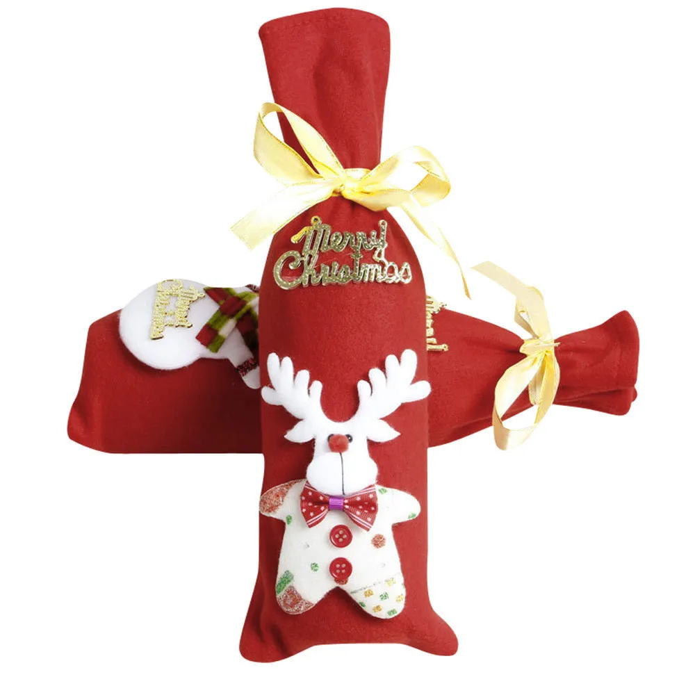 Red Wine Bottle Cover Bags Decoration Home Party Santa Claus Christmas