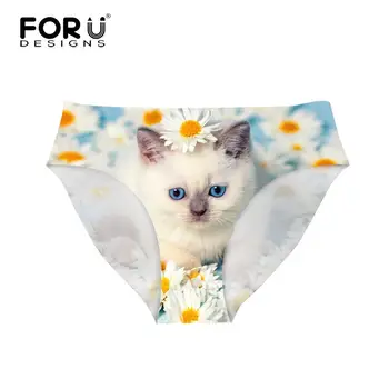 

FORUDESIGNS Kawaii Kittens With Flower 3D Print Girls Panty Cute Summer Underwear Smooth Seamless Soft Polyester Panty For Lady