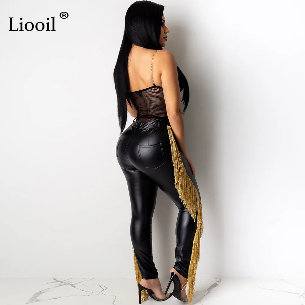 Liooil сексуальные узкие брюки из искусственной кожи с кисточками, женские черные слаксы, уличная одежда, обтягивающие Клубные брюки, длинные штаны с высокой талией