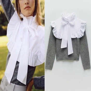 

Za Women Ruffle Knit Blouse Autumn 2020 Fashion High Collar Bow Tied Long Sleeve Knitted Top Female Casual Patchwork Shirt