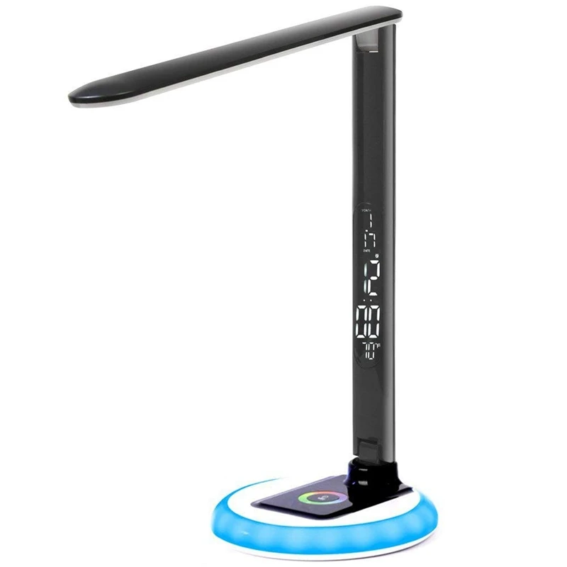 

Led Desk Lamp Dimmable Table Lamp With Clock, Color Changing Base For Office Or Study Desk, Press Control 9 Light Choices Eye-Ca