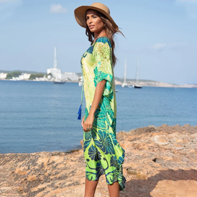 2021 Quick-drying Bohemian Printed Loose Summer Beach Dress Moroccan Kaftan Women Plus Size Beachwear Tassel Midi Dress Q897 4