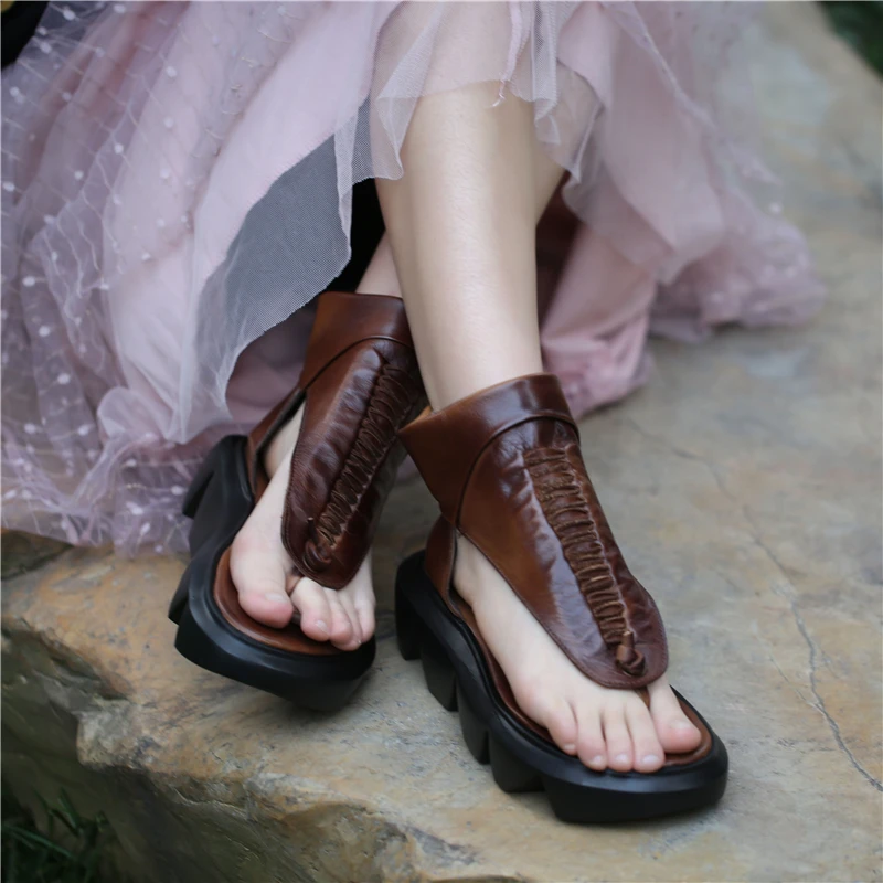

Women Leather Sandals Wedge Heels Summer Shoes for Women Casual Gladiator Sandals Flip Flops Soft Genuine Leather Sandals Black