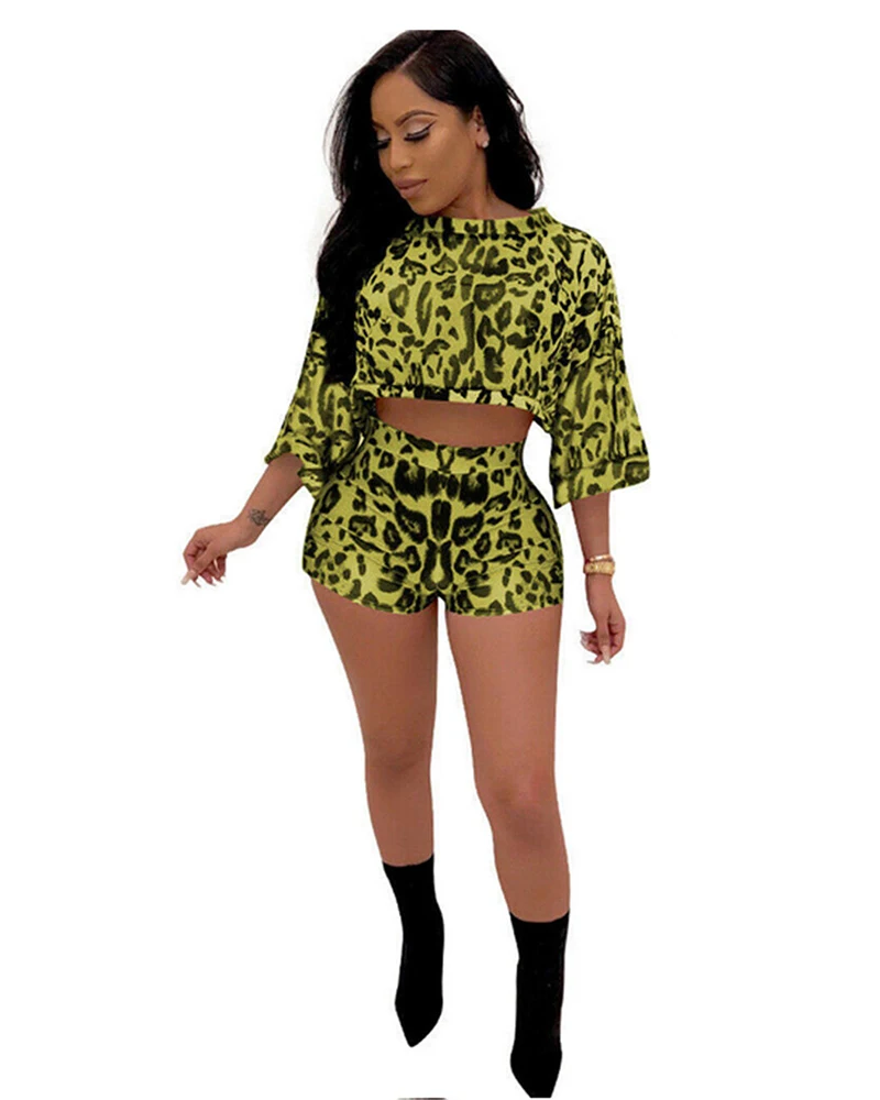 

Women Yoga Set Tracksuit Plus Size Leopard Crop Top+Leggings Shorts Gym Fitness Workout Clothes Running Outfit 2pcs Sport Wear