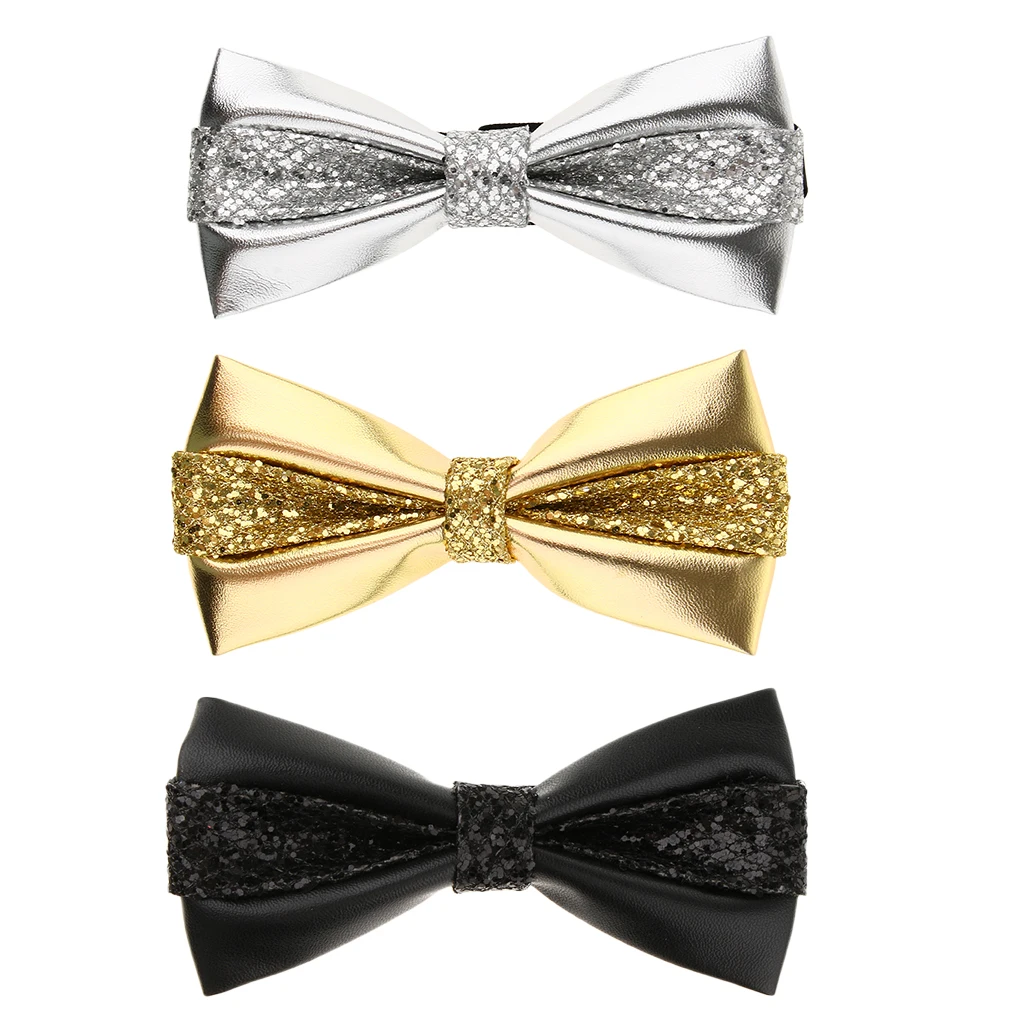 Men's PU Leather Sequins Shining Wedding Pre Tied Bowtie Tuxedo Necktie