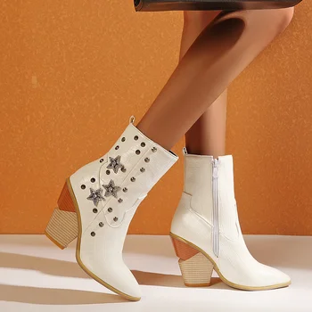 

Women 2020 Warm Fur Ankle Cowboy Boots White Yellow Wedges 10cm High Heels Boots Crystal Rivet Plus Size Botas Mujer Invierno