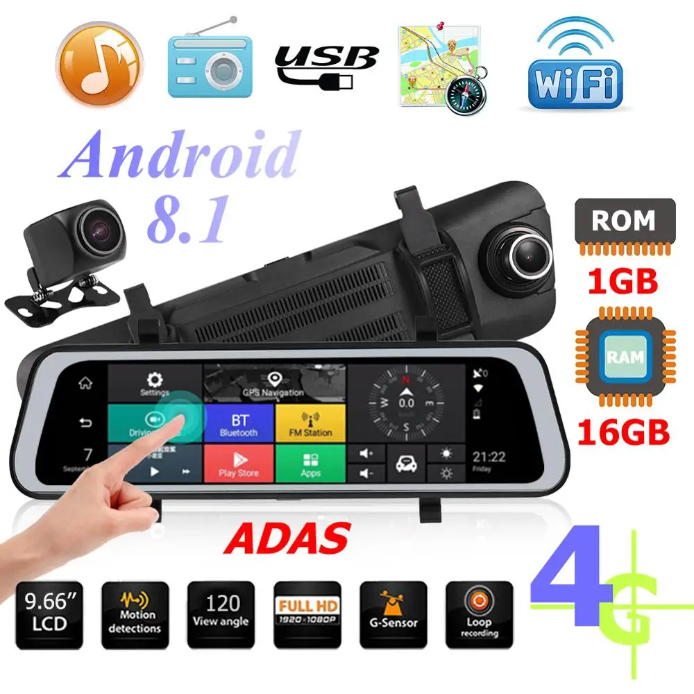  966 zoll 4G Android 8.1 Auto Rückspiegel DVR Kamera Bluetooth-freisprecheinrichtung GPS Navigator A