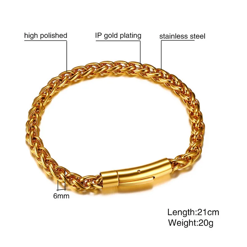 6mm Gold Color Stainless Steel Cuban Link Chain Bracelets for Men Classic Hip Hop Wrist Bracelet Fashion Accessories