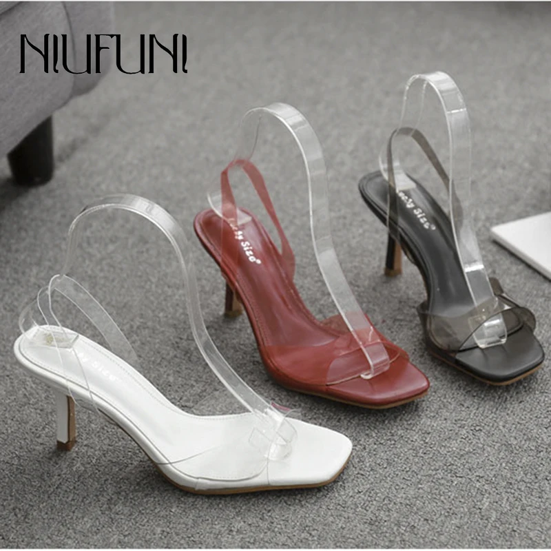 3 Colors Casual Sandals Women Square Toe Transparent Peep Stiletto High Heels NIUFUNI Shoes Sandalias mujer | Обувь