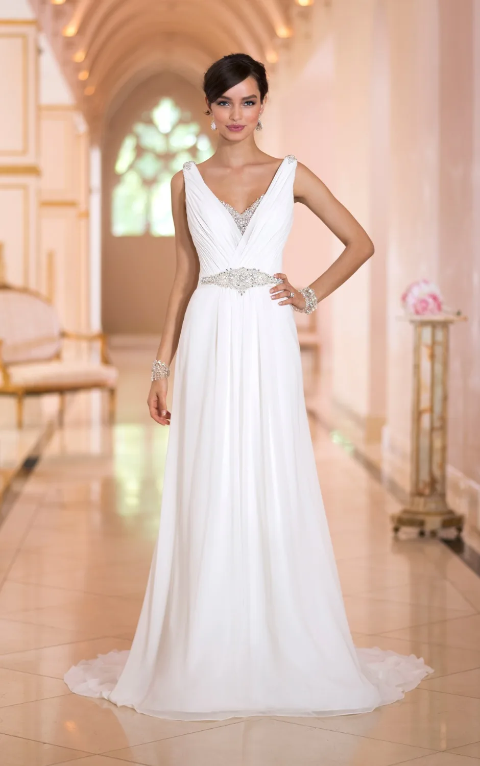

Deep V Neck Wedding Dresses 2015 New Crystal Beading Bridal Dress Wedding Gown Custom Size W109