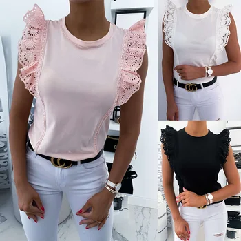 

Casual T-shirts Sleeveless Women Lace Tops 2020 Summer Women Blusas Round Neck Lady Tee Solid Black White Pink Female Tops D30