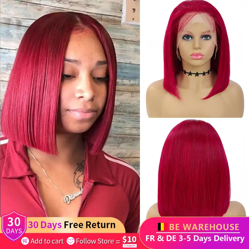 Remyblue Short Bob Red Straight 13X4 Lace Front Human Hair Wig Pre