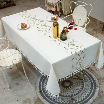 

New Embroidery Decorative Linen Tablecloth With Tassel Waterproof Oilproof Rectangular Wedding Dining Table Cover Table Cloth