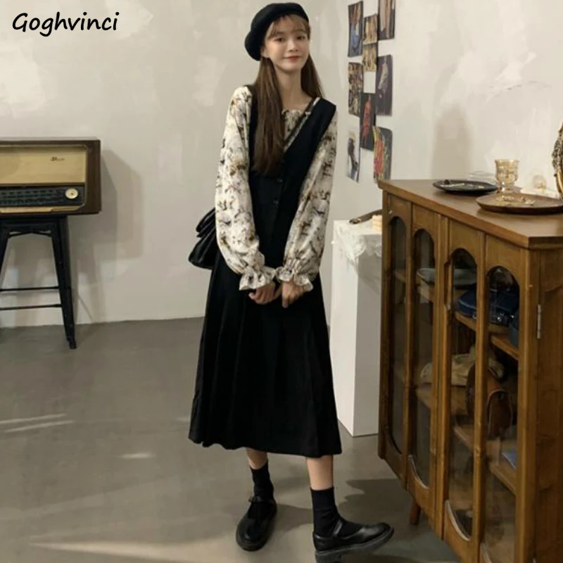 

Женские винтажные комплекты с принтом Блузки с рукавом-лепестком плиссированное платье до середины икры с высокой талией в стиле преппи для студентов Ulzzang Ретро дизайн Новинка