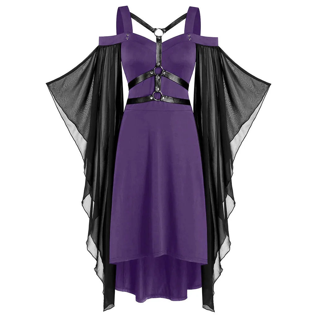 Женское однотонное готическое платье больших размеров, кружевное лоскутное платье с рукавом-бабочкой В Стиле Лолита, модные вечерние платья на Хэллоуин