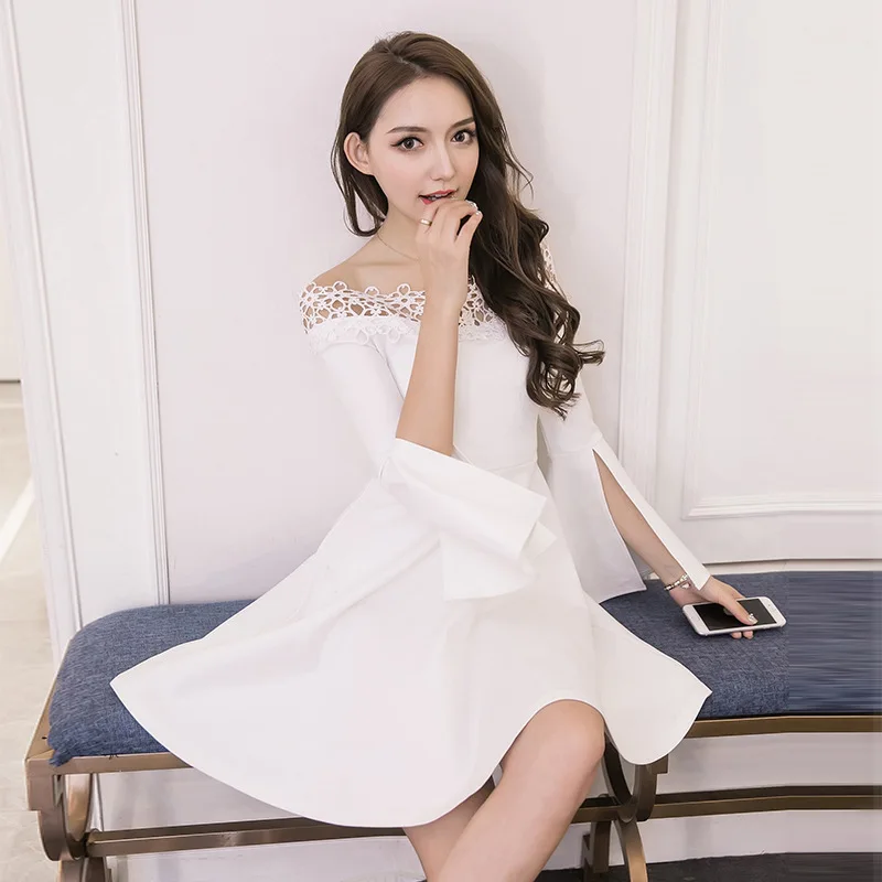 Sandgrid летнее модное черное платье, мини-платье на одно плечо, белое кружевное платье с вышивкой - Цвет: Белый