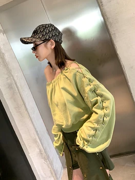 

BONJEAN Slash Neck Shirt for Women 2020 Autumn Tops and Tees Lantern Sleeve Green T Shirt Hollow Out Casual Shirts BJ1615