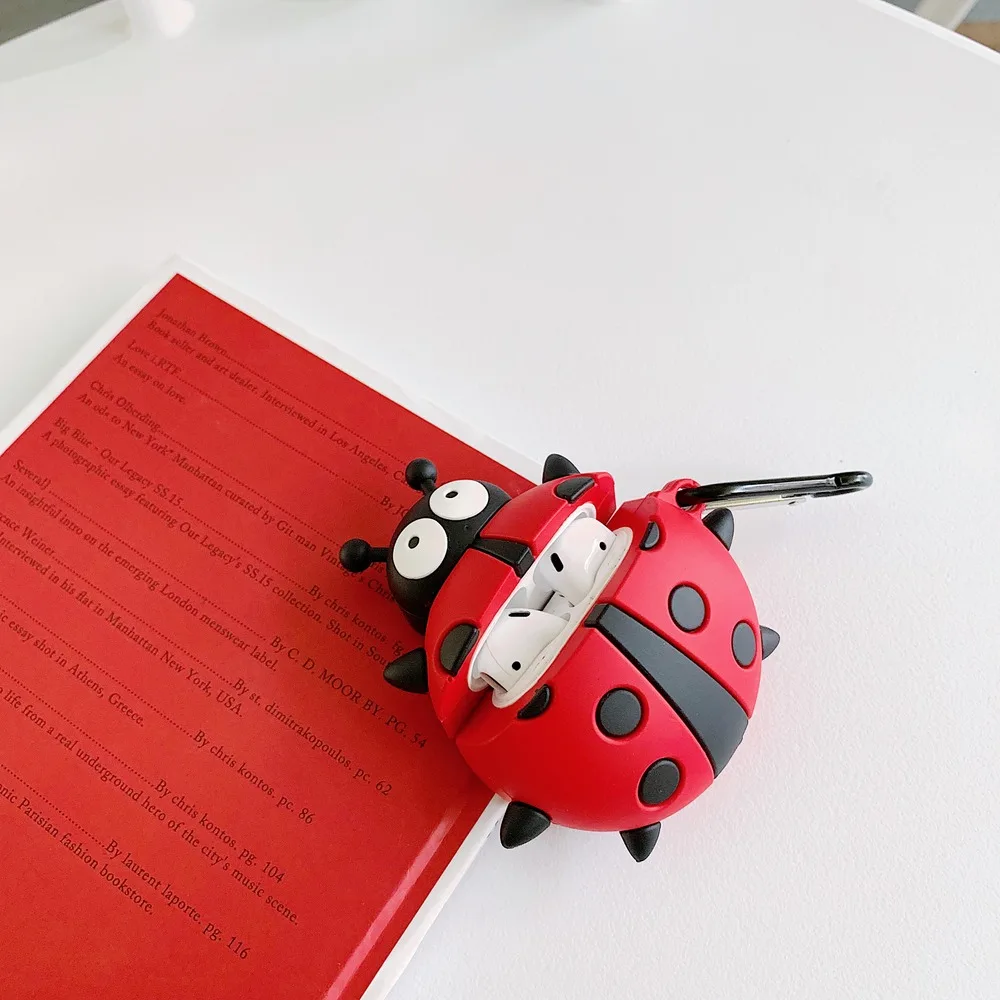 3D красивые красные наушники Beetle силиконовый мягкий чехол для AirPods 1 2 Bluetooth гарнитура зарядная коробка защитный чехол с крюком