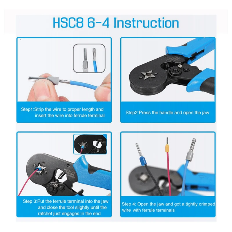 Tubular Terminal Crimping Tools Mini Electrical Pliers HSC8 6-4A/HSC8 6-4 0.25-10mm2/0.25-6mm2 23-7AWG High Precision Clamp Sets 6