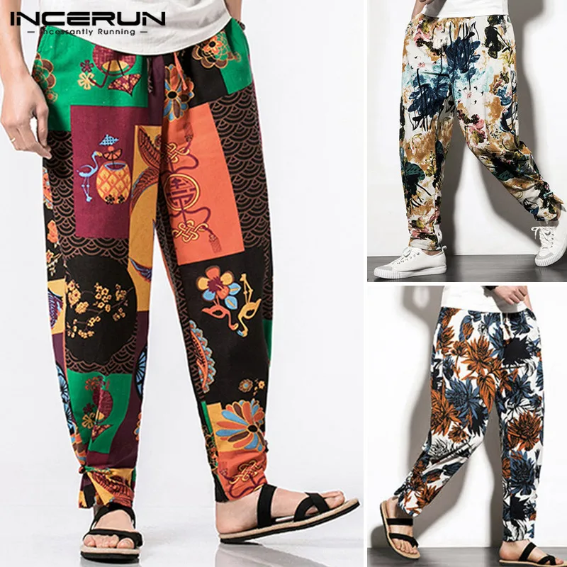 

Vintage Printed Men Harem Pants Elastic Waist Baggy Joggers Ethnic Trousers Casual Cotton Streetwear Men Long Pants 5XL INCERUN