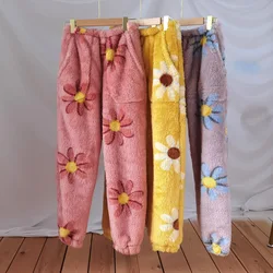 New Floral Print Pyjama Trousers Flannel Thicken Warm Night Pants Lounge Home Pajama Sleep Panties Winter Pants