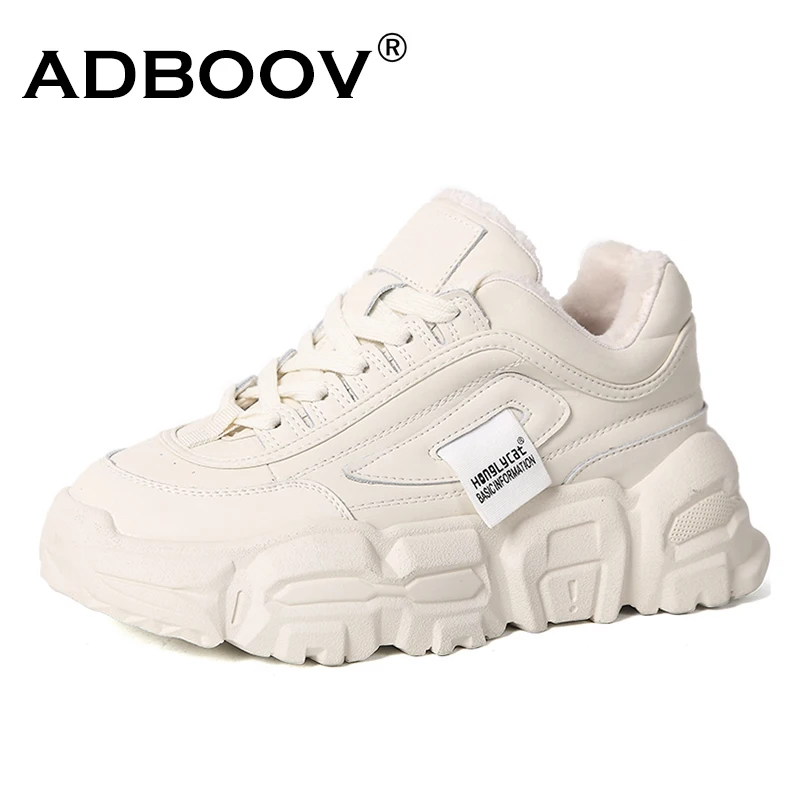 

ADBOOV Fur Lining Chunky Sneakers Women Low Top Platform Trainers Winter Shoes Female