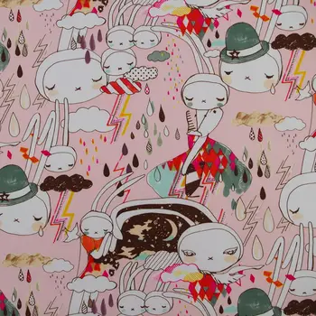 

1 yard Polyester/PVC coated Waterproof Fabric for bag, handmaking, Bunny in rain on Light Pink background (width=140cm)