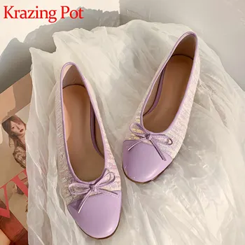 

Krazing pot hot full grain leather comfortable round toe low heels bowtie bling sweet Korean girls dating wear spring pumps L82