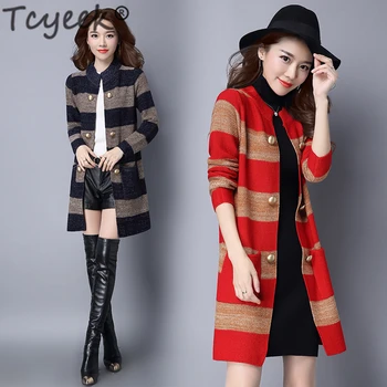 

Tcyeek Long Cardigan Fashion Sweater Women Clothes 2020 Korean Vintage Striped Knitted Coat Female Ladies Pull Femme Blusa W1139