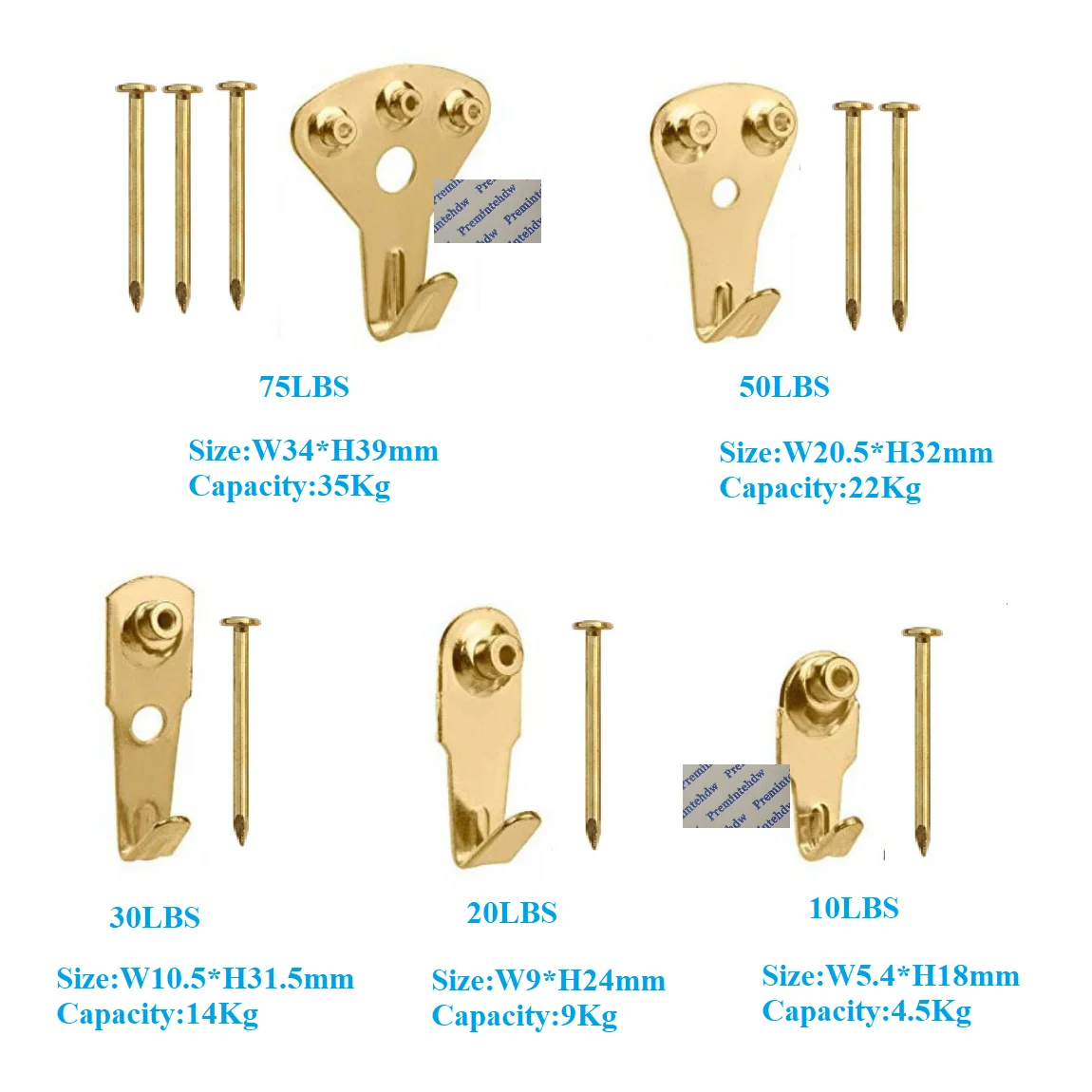 100Pcs European Style Gold Steel Picture Hanger Photo Frame Hanging Wall Hook With Nail