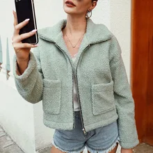 Теплое пальто из искусственного меха, меховая верхняя одежда, женская сексуальная однотонная куртка с карманом, женское повседневное пальто на молнии, осенняя короткая куртка из искусственного меха, зимнее пальто