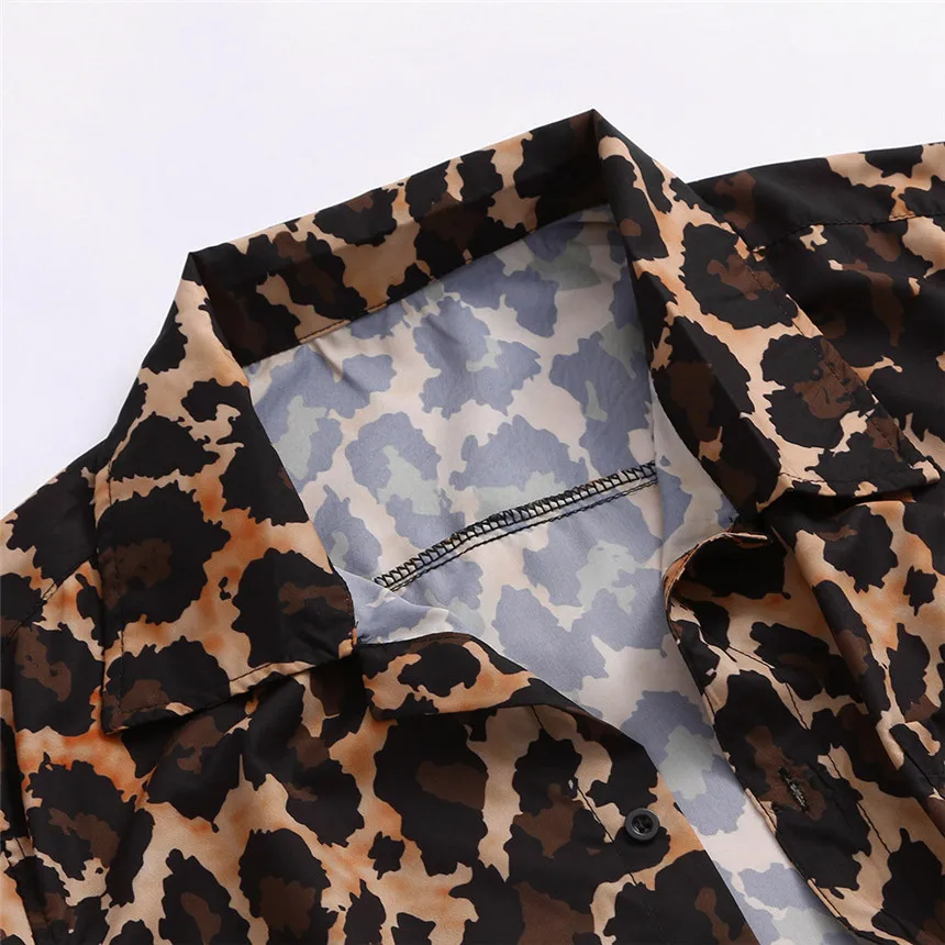 KLV Shirts Men's Summer Fashion Casual Lapel Leopard Short Sleeve Shirt Top Blouse Camisas Hombre Comfortable Leisure Shirt