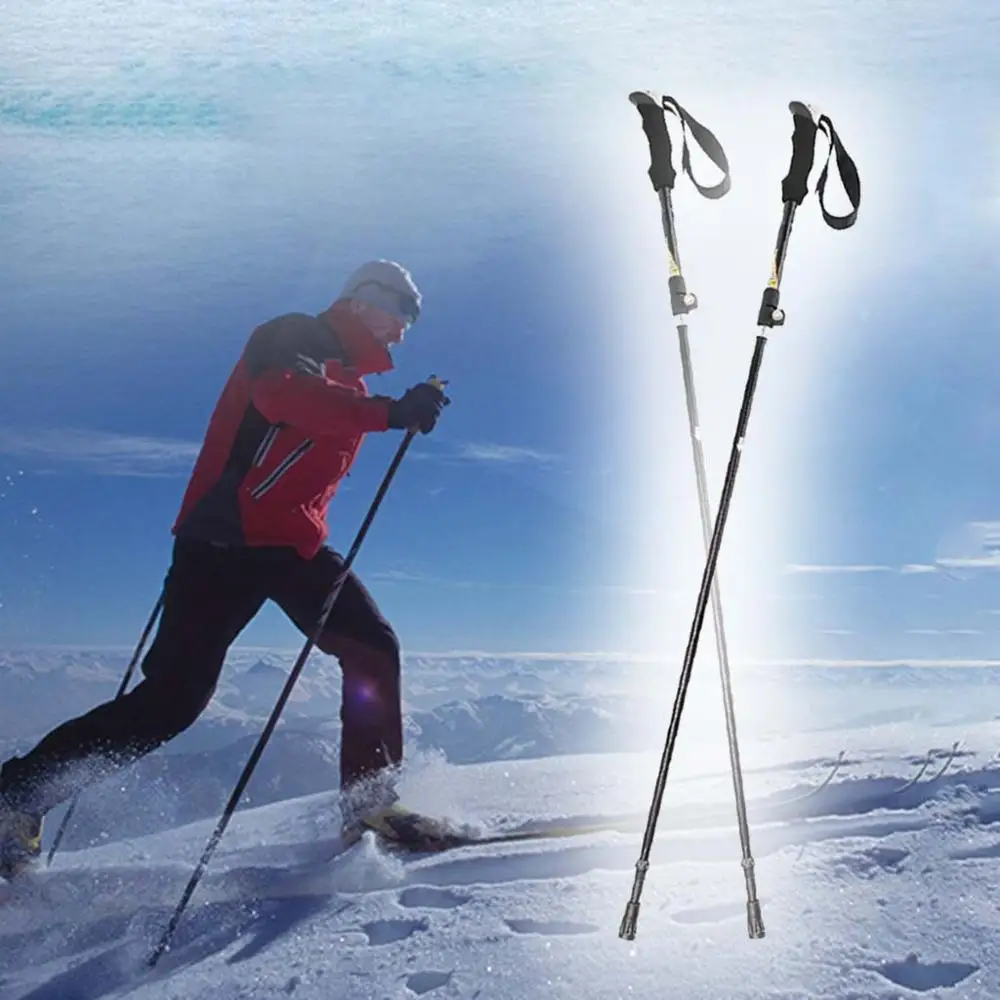 

Outdoor Winter Handle Ski Poles 5 knots Aluminum Folding Mountaineering Crutch Tungsten Tip Climbing Sport Trekking pole