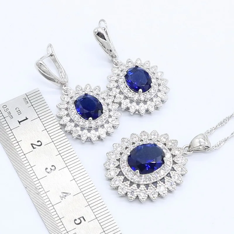 Natural Blue Zircon White Crystal Silver Color Jewelry Sets For Women Party Earrings/Pendant/Necklace/Rings/Bracelet