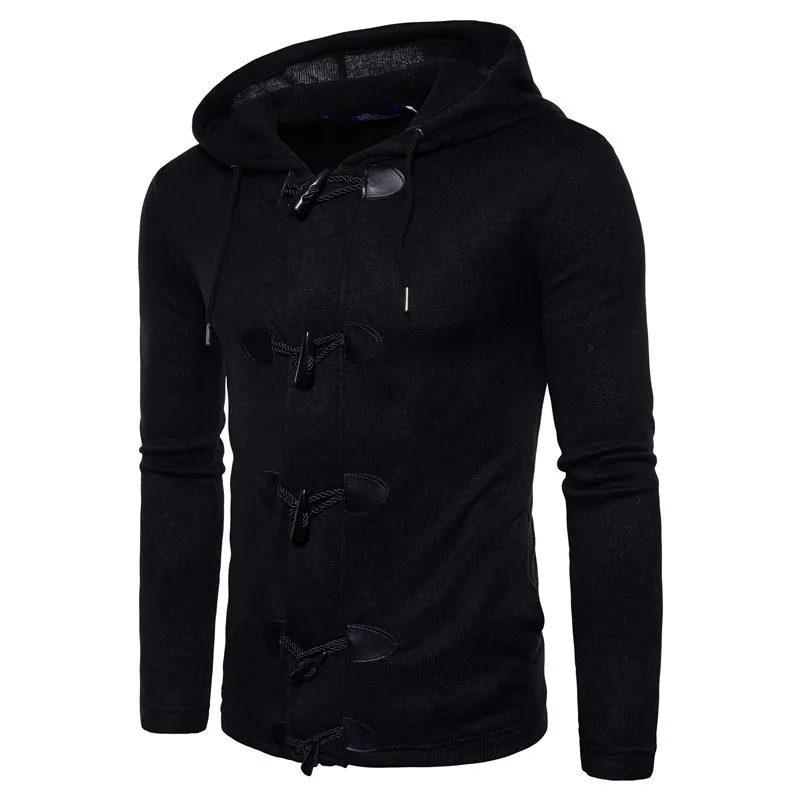 Black Sweater Brand Horn Buckle Sweatercoat Men Autumn Fashion Hooded Cardigan Solid Color Slim Casual Kintted Coats Men Hip Hop Pull - Color: Black Sweater