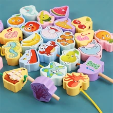 

Kids Wooden Beaded Toys Large Sea Fruit Letter Traffic Beaded DIY Toy Animal Stringing Threading Monterssori Educational for Kid