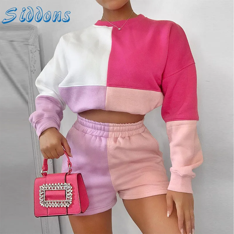 

SIDDONS Navel Sweatshirt And Short Women Sweatshirt Ladies Patchwork LongSleeve Pullover Tops And Short Womens Sweatshirt Female