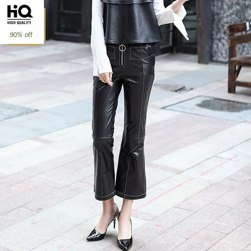 

2020 New Winter Womens Trousers Slim Fit Genuine Leather Ankle-Length Pants Female Black High Waist Flare Pants Plus Size S-3XL