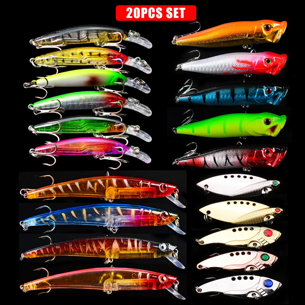 20 Pcs With Box Assorted Bionic Hard Bait Tackle Accessories Plastic Minnow Topwater Lifelike Fishing Lure Outdoor Tools Hooks