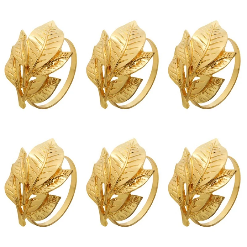 

6Pcs Alloy Napkin Ring Exquisite Napkin Buckle Holder Table Decoration Golden Leaf Napkin Rings for Dinner Party Wedding