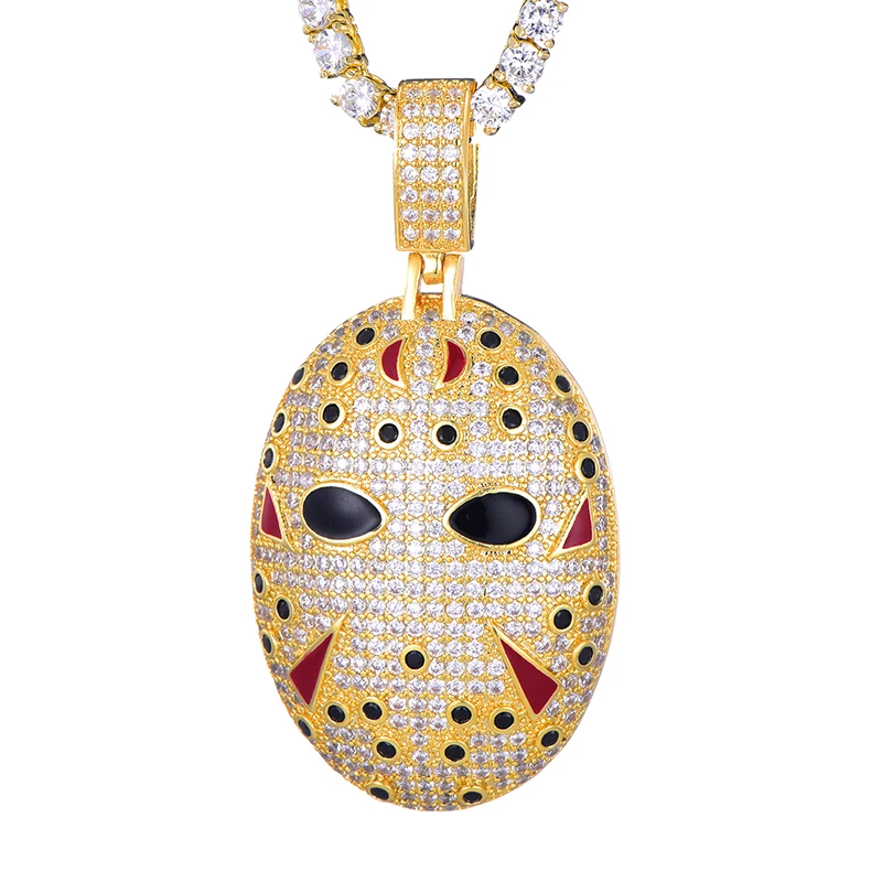 ADWLOF Iced Out Bling кубического циркония Джейсон маски ожерелья и подвески для мужчин хип хоп ювелирные изделия с теннисной цепочкой - Окраска металла: gold color